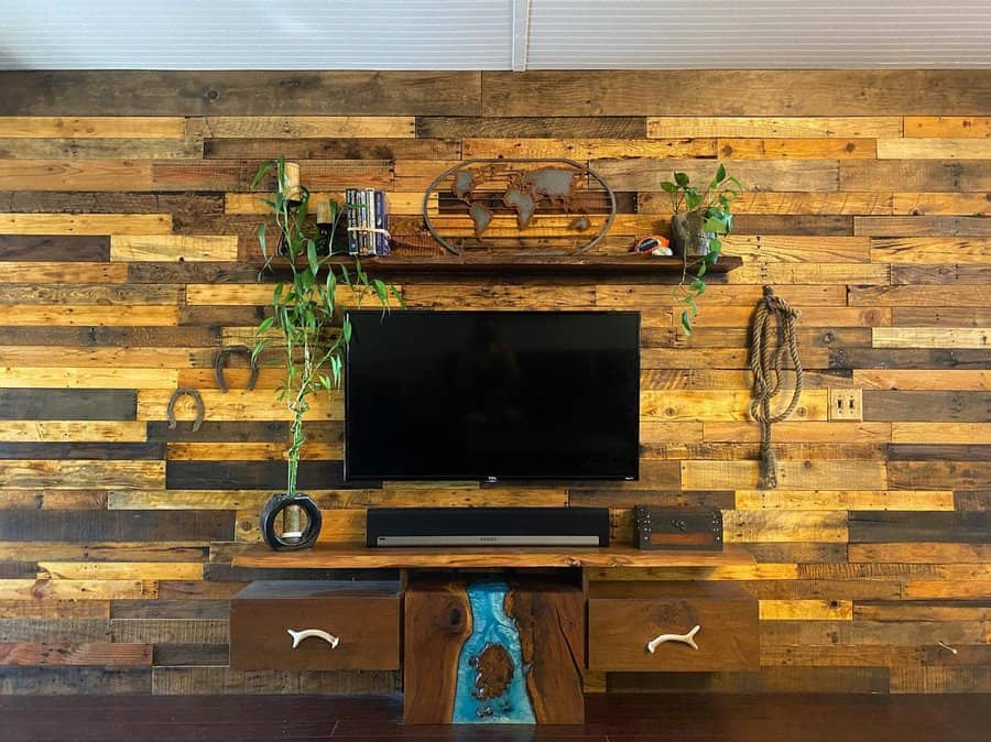 Wood accent walls in living room with tv