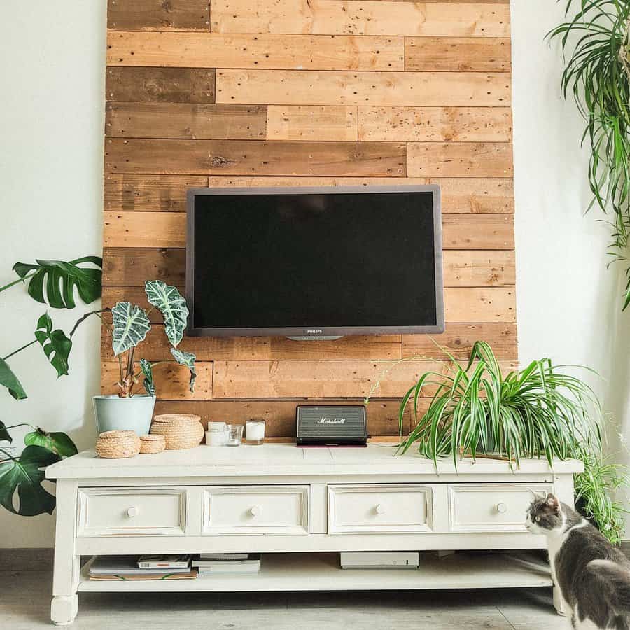 Wood accent walls in living room with tv