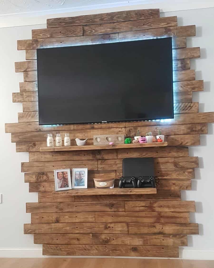 Wood accent walls in living room with tv