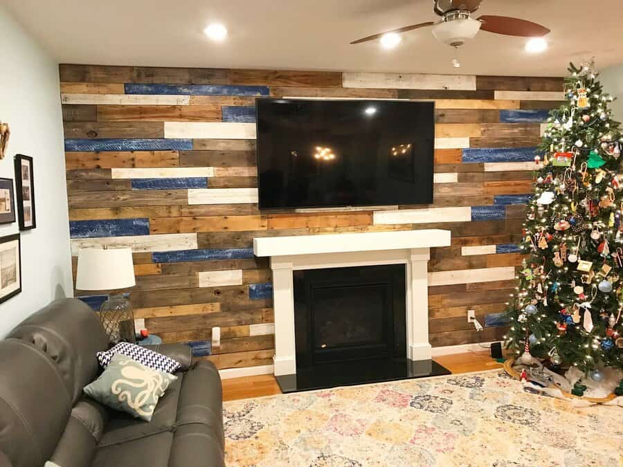 Wood accent walls in living room with tv