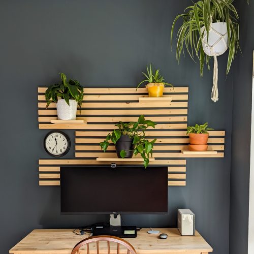 DIY wood slat wall with shelves