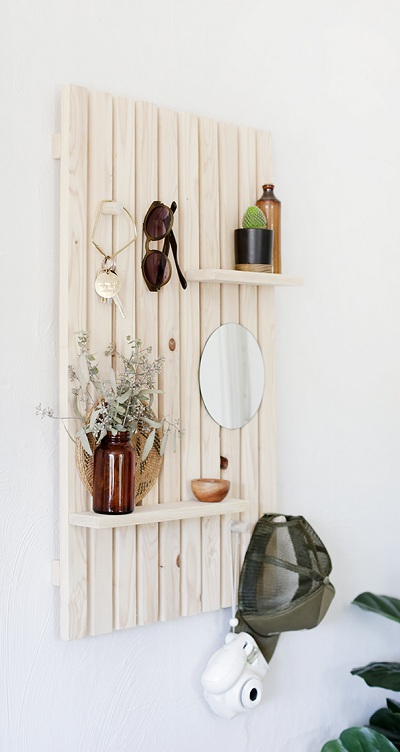 DIY wood slat wall with shelves