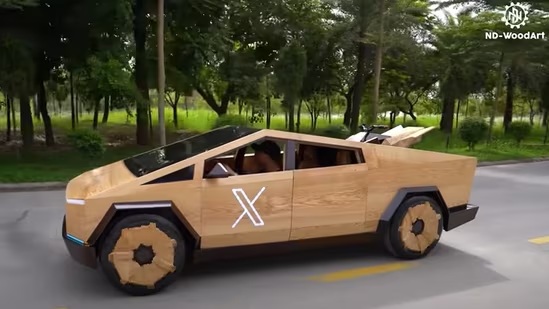 A ‘Tesla Cybertruck’ created using wood.